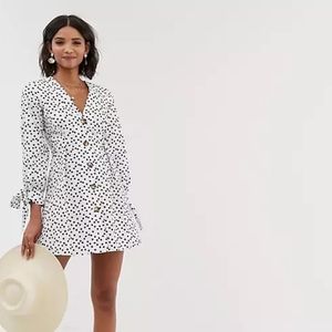 ASOS DESIGN button through mini skater dress with tie sleeves in spot
